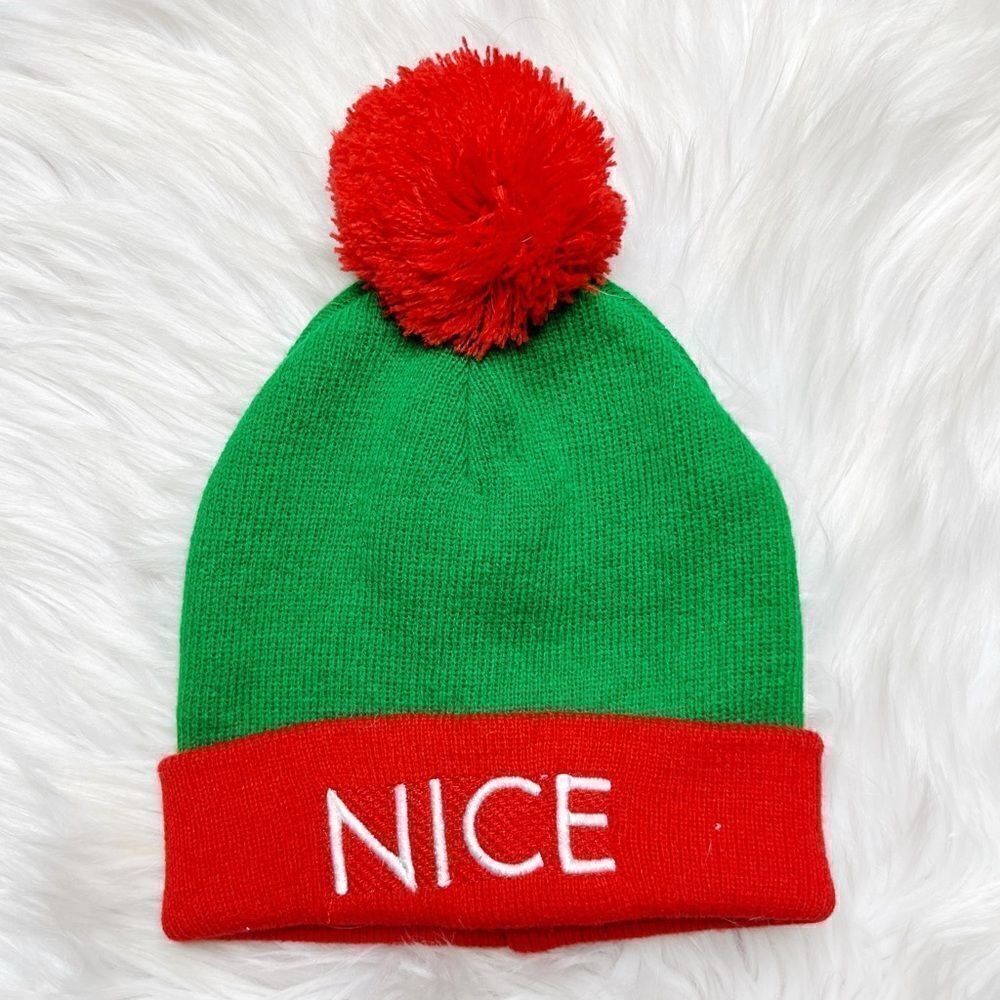 NICE Puff Ball Beanie Hat Red and Green One Size